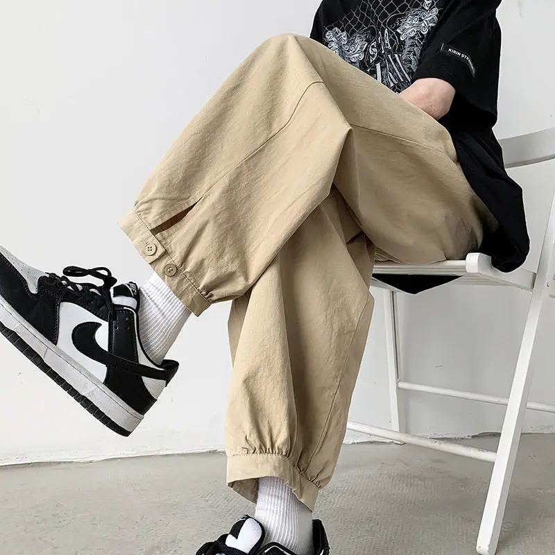 2023 Spring Summer Loose Japanese Casual Pants Solid Color Drawstring Fashion Slim Youth Men's Workwear Wide Leg Guard Pants