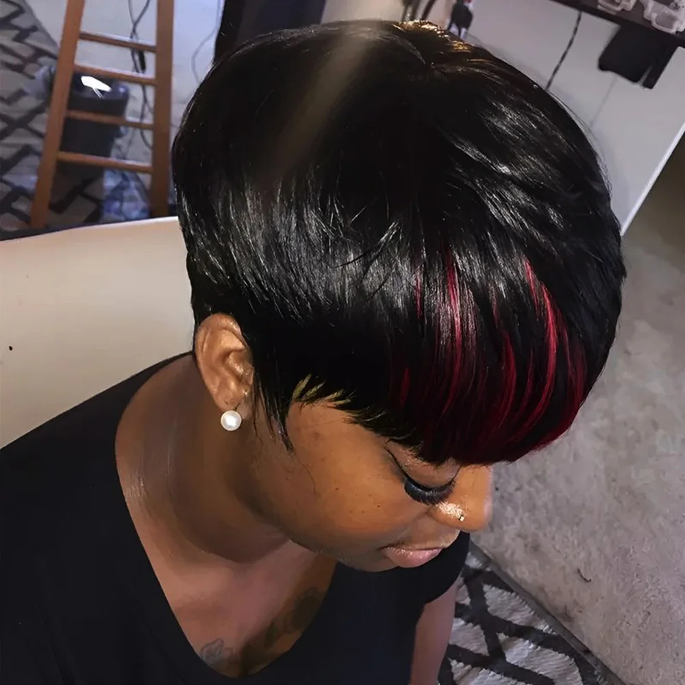 Peruki z krótkimi włosami dla czarnoskórych kobiet, peruki pixie cut wykonane maszynowo z grzywką, czarne z czerwonymi warstwami, peruki bob dla kobiet.
