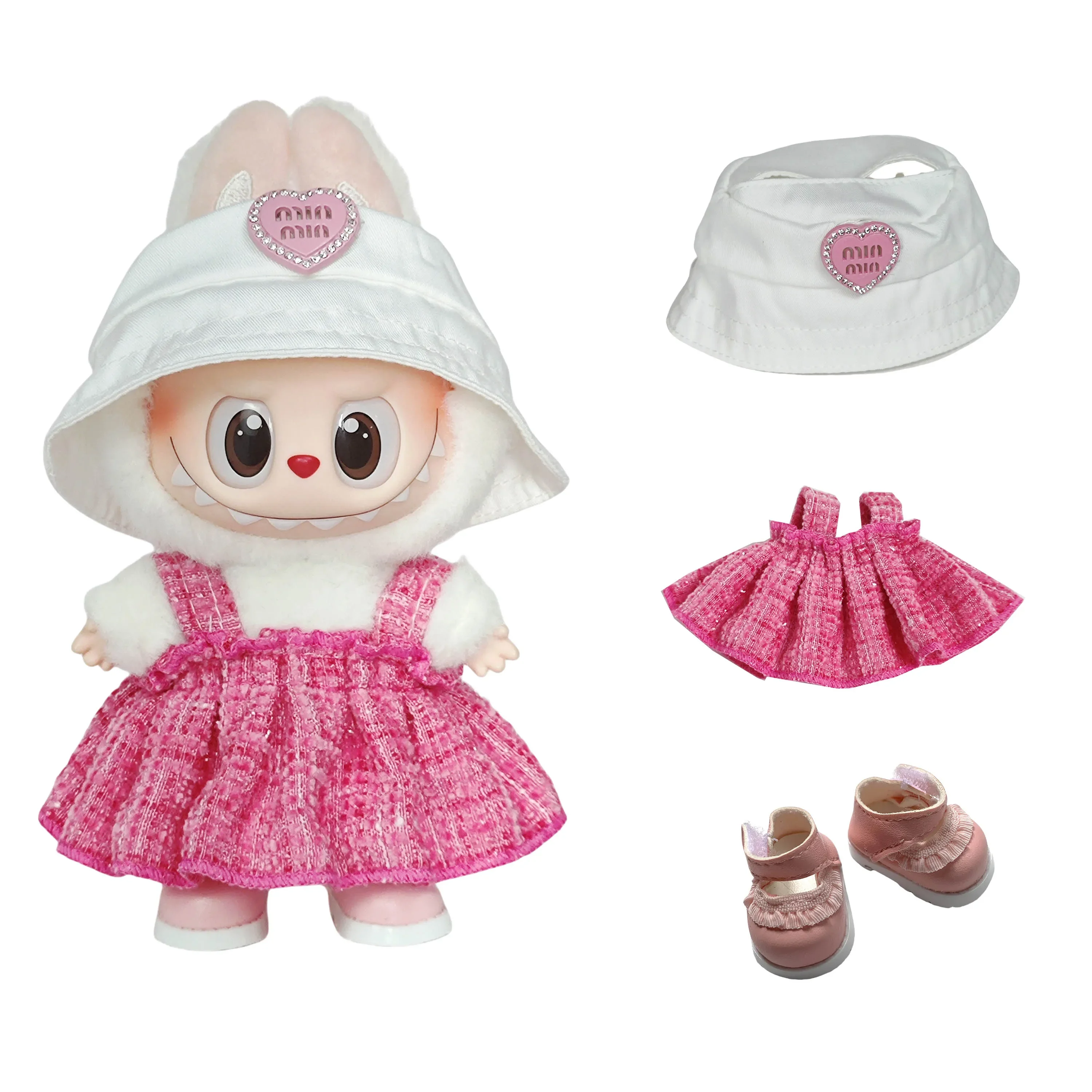 ملابس لزي لابوبو - مجموعة أنيقة منقوشة باللون الوردي الوردي، ملابس دمى رائعة