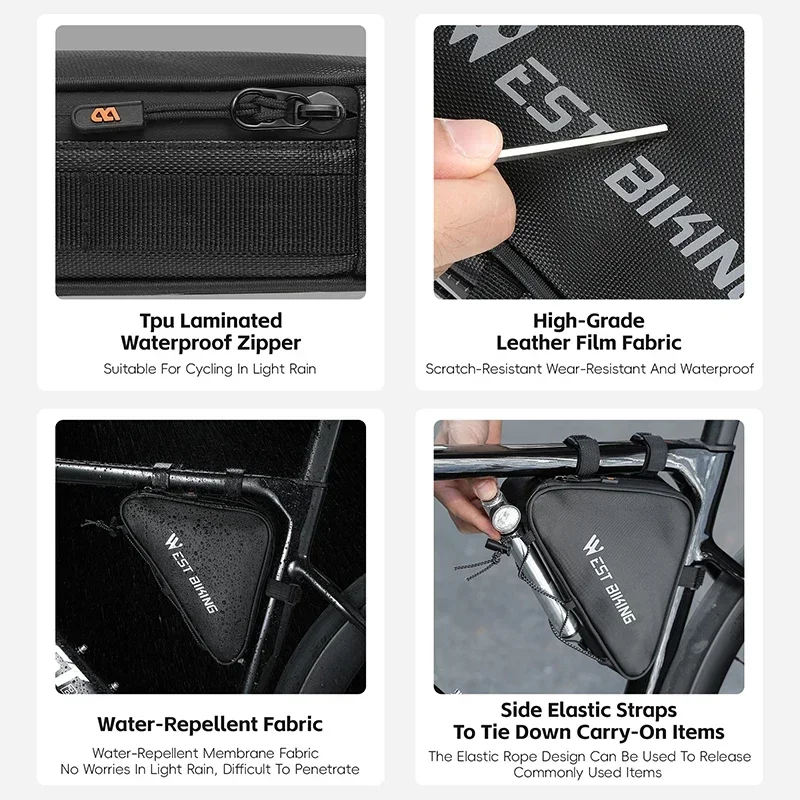 WEST BIKING Bicycle Front Frame Triangle Bag With Mesh Pouch MTB Road Bike Bottom Tube Bag Elastic Luggage Straps For Storage