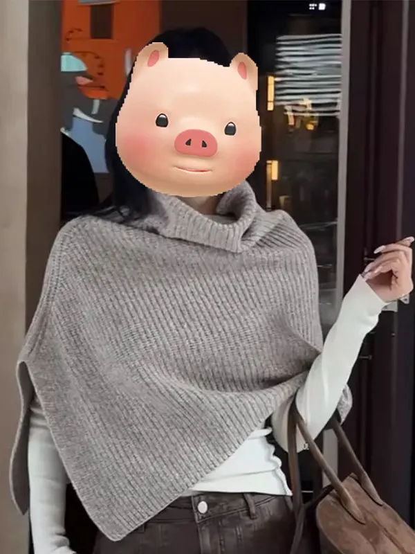 Gray High Collar Sweater Coat Women's Autumn Winter Design Sense Layering Knitted Top Warm Pure Color Long Rectangle Scarf