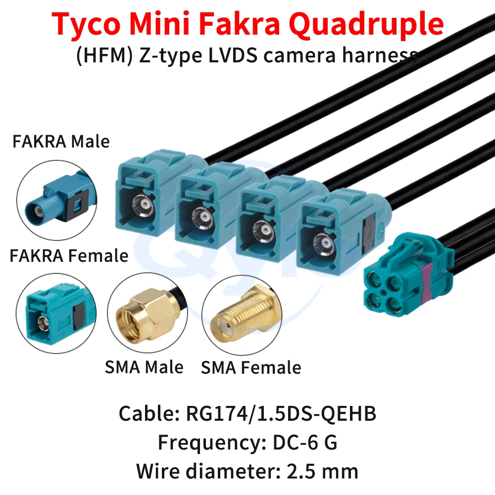 

Tyco Mini FAKRA Quad-Port (HFM) Female Type Z to FAKRA/SMA RG174/1.5DS-QEHB FAKRA to SMA Cable (1 pcs)