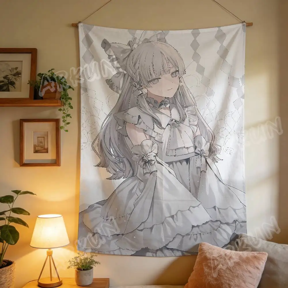 Elegant Grey Tone Lolita Anime Wall Tapestry, Vintage Frill Dress Manga Character Print Bedroom Room Wall Decor