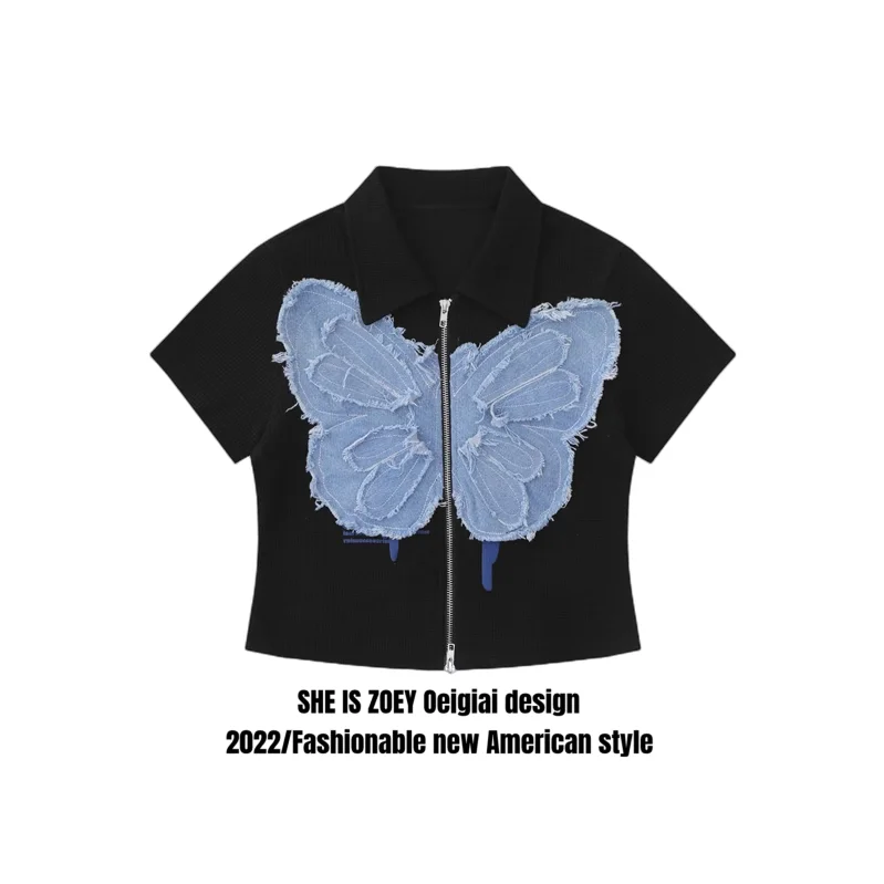 American Retro Butterfly Patch Polo Collar Short Sleeve Shirt Women's Short Hot Girl Zipper Design Niche Top Summer y2k ins emo