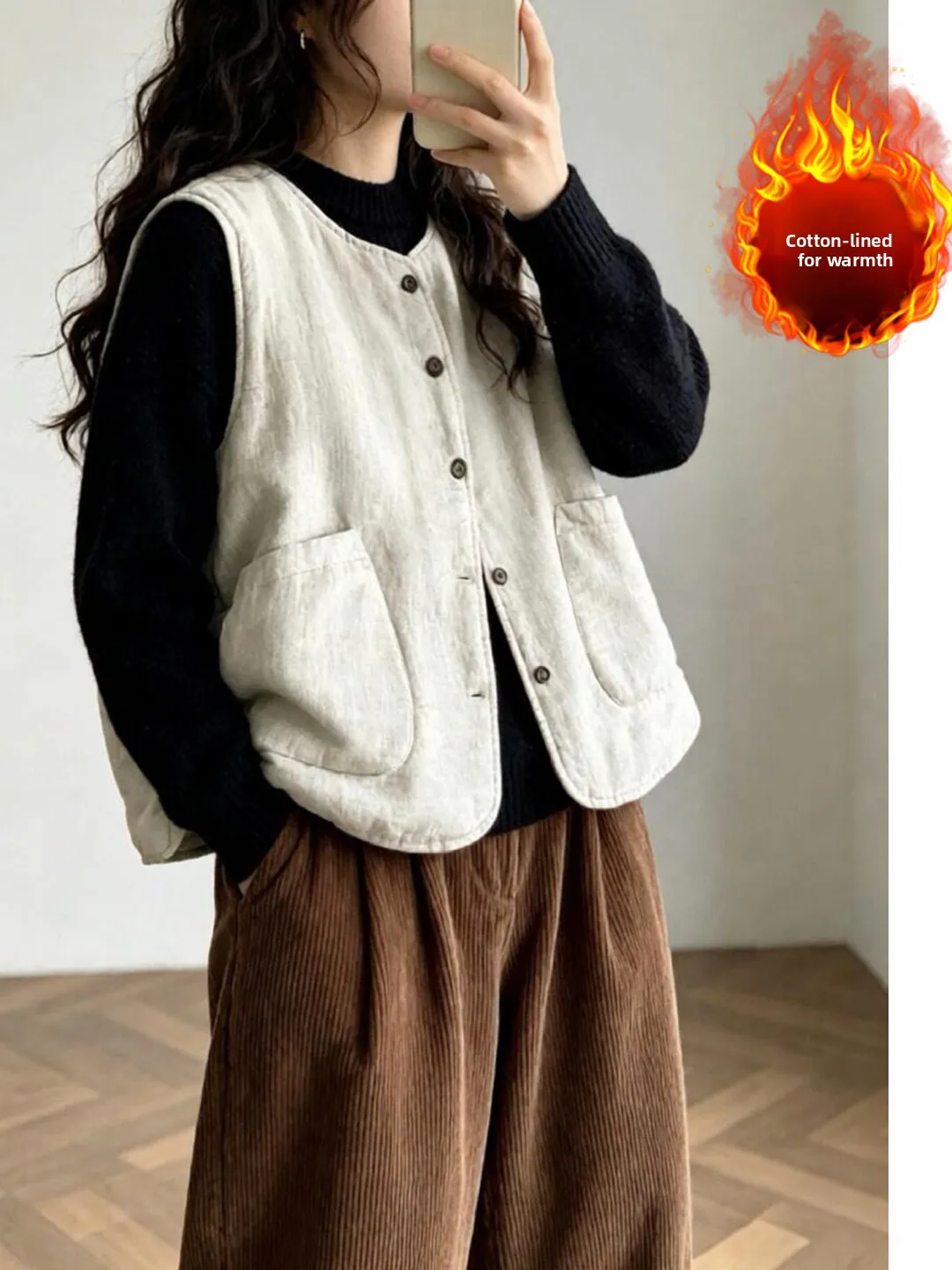 Warm Cotton Vest Double Pocket round Neck Large Size Women's Fashion Retro Button up Cotton Jacket Coat for Winter