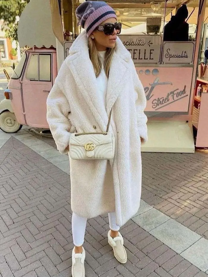 VOLALO Home Autumn/Winter Mid length Teddy Bear Coat Pink Grain Sheep Camel Fleece Silhouette Wool Coat