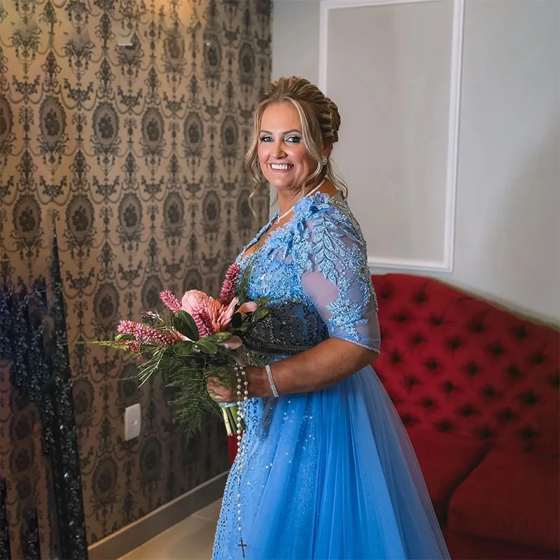 Vestido de sirena azul cielo para madre de la novia, traje de encaje con cuentas para noche, graduación, fiesta Formal, cumpleaños, celebridad, madre del novio