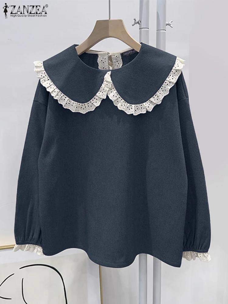 

ZANZEA Women Elegant Peter-Pan Collar Blouses 2025 Spring Long Sleeve Lace Patchowrk Blusas Mujer Casual Corduroy Smock Tops