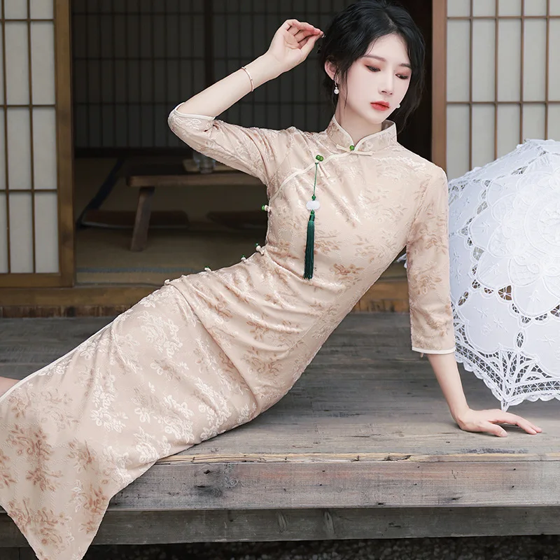 

Khaki Elegant Cheongsam Women Long Sleeve Vintage Dress Flocking Floral Slim-fit Costumes Long Qipao S To XXL