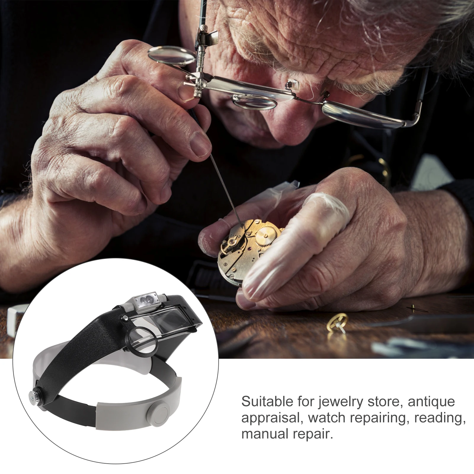 

Lighted Magnifier LED for Reading Maintenance HeadMounted ABS Acrylic DoubleLenses Visor AdjustableBand Jewelry Watch Repair