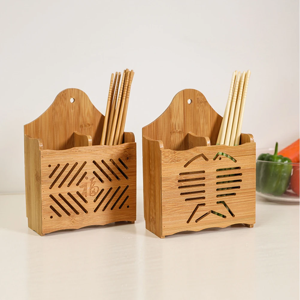 

1pc Wall-Mounted Bamboo Flatware Holder Kitchen Countertop Chopsticks Organizer Silverware Storage Utensils Rack