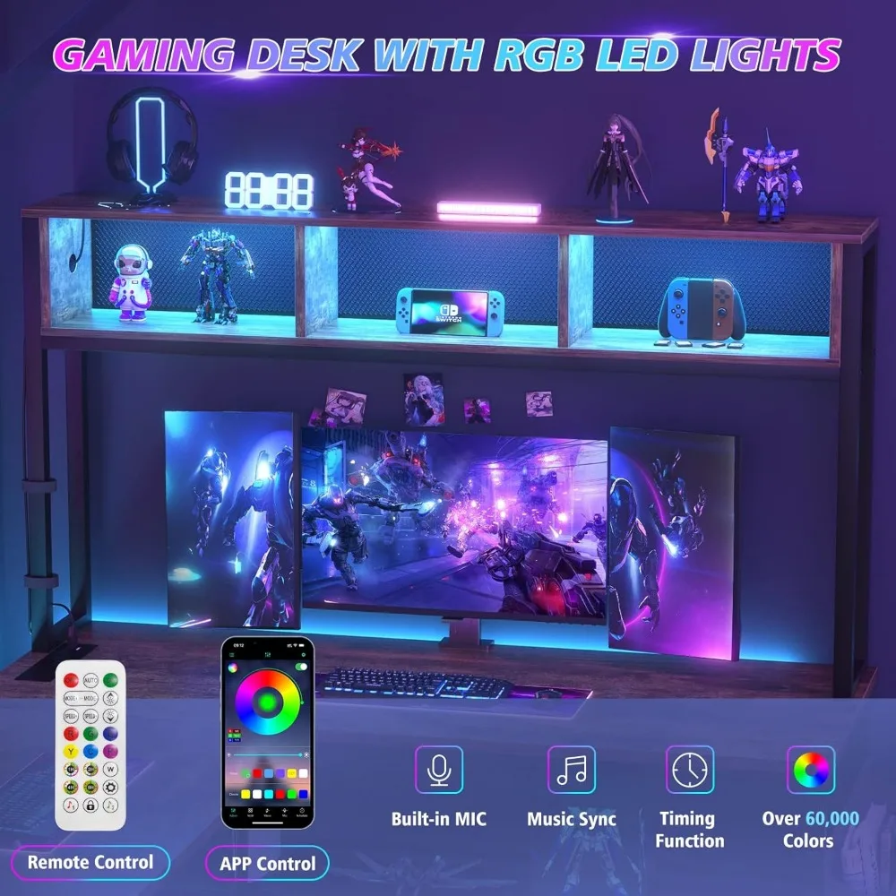 مكتب كمبيوتر على شكل حرف L مع شريط LED ومنافذ طاقة، مكتب زاوية على شكل حرف L قابل للعكس مع أرفف تخزين وحقيبة، ريفي B #4