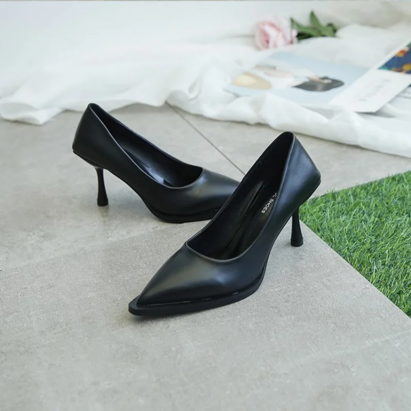 2024 NEW Women\'s Shoes LEATHER Woman High Heels Pointed Toe Women Pumps for Fashion Office Lady Slip on Sock Free White Black