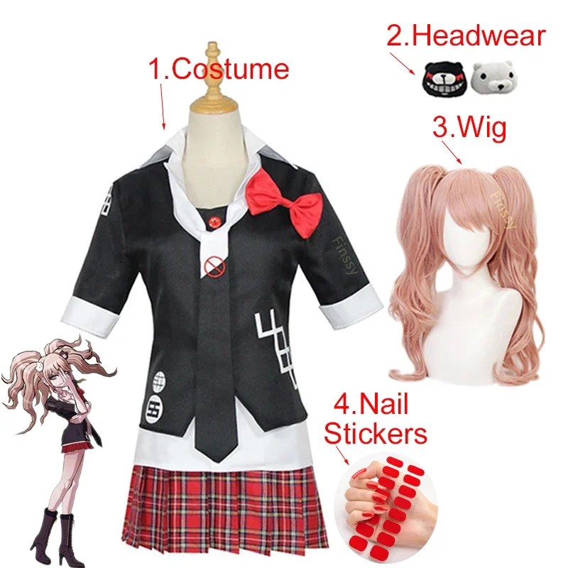 Anime Danganronpa Cosplay Fantasia, Enoshima Junko Uniforme, Café Roupas de Trabalho, Saia Curta, Peruca Trança Dupla Cauda