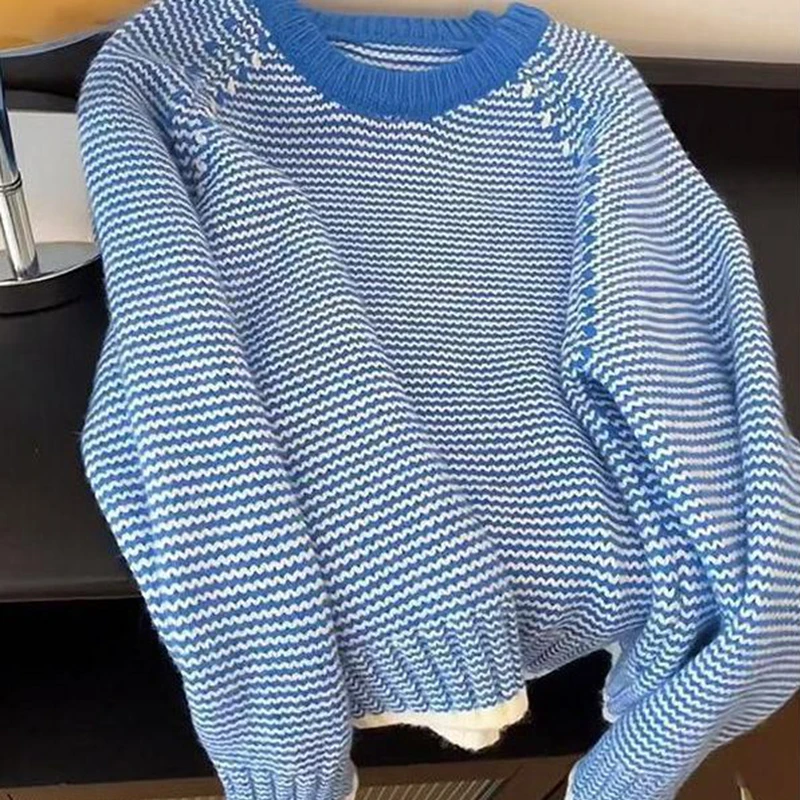 Autumn Winter New Loose Thickened Color Blocking Base Sweater Tops Women's Stripe Soft Round Neck Fashion Knitting Sweater