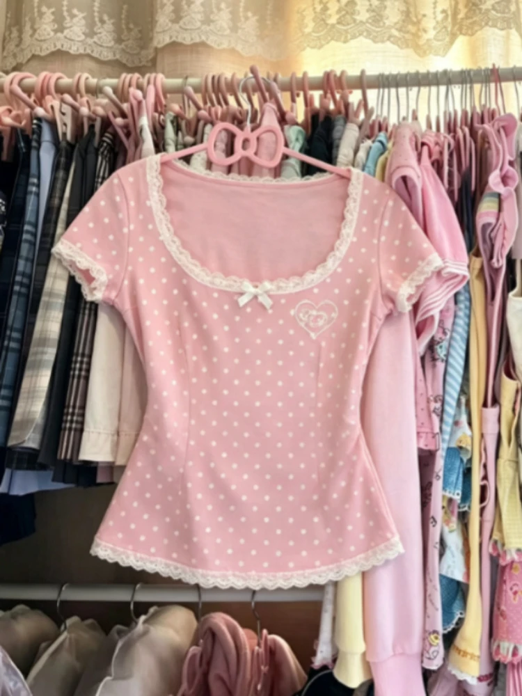 Slim Fit Bow Front Polka Dot T-Shirts Women Harajuku Short Sleeve Tees Y2K Cute Soft Comfy Daily Casual Trendy Fashion New Tops