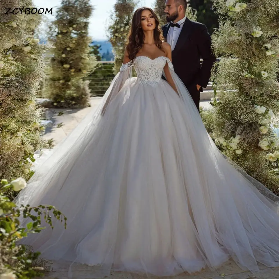 

Boho Off Shoulder Sweetheart Ball Gown Wedding Dress 2023 Elegant Princess Lace Appliques Backless Bridal Gowns Vestido De Noiva