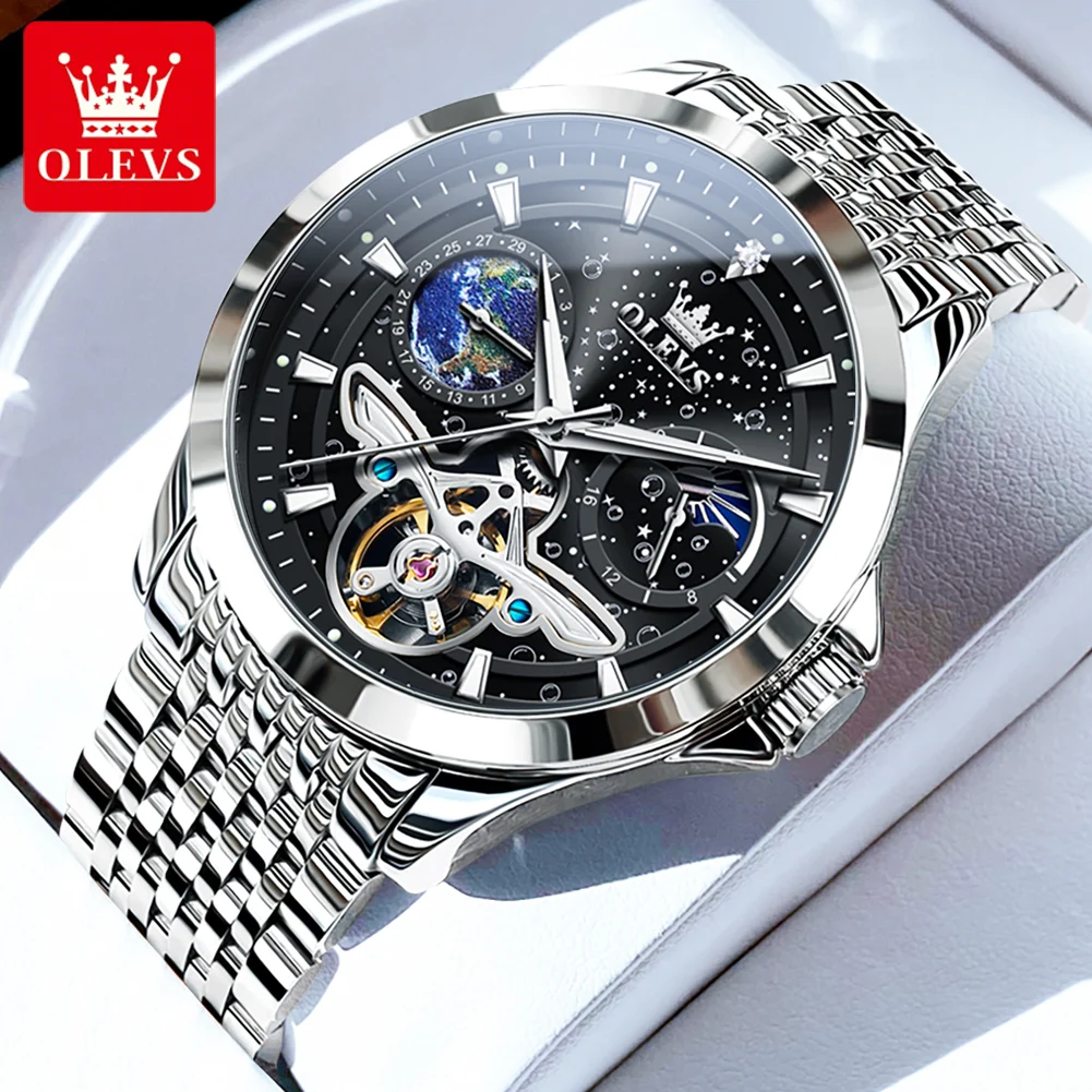OLEVS 6705 Mens Watch Luxury Original Flywheel Automatic Mechanical Watch Waterproof Moon Phase Sports Watches High Quality