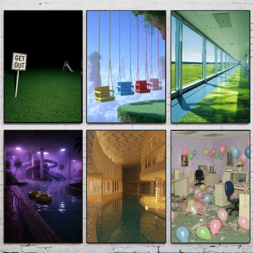 Weirdcore Backrooms Poster, Surreal Liminal Playground at Night Eerie Calm Wall Art for Alt Aesthetic Home Decor