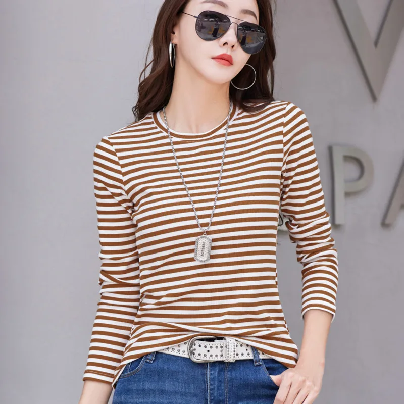 #0391 Spring Autumn Striped T Shirt Long Sleeve Slim Fit Cotton 95% Skinny Women\'s T-shirt Round Neck Office Tshirt Elegant