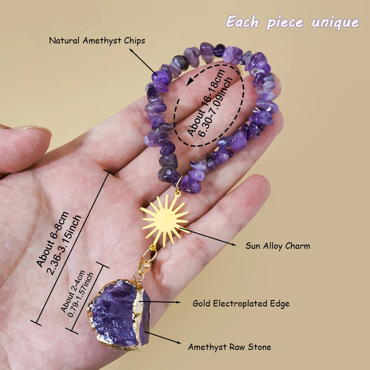8pcs/set Natural Amethyst Chip Hanging Ornament, Gold Sun Charm Rough Amethyst Raw Stone Pendant, Car Rearview Mirror Accessory