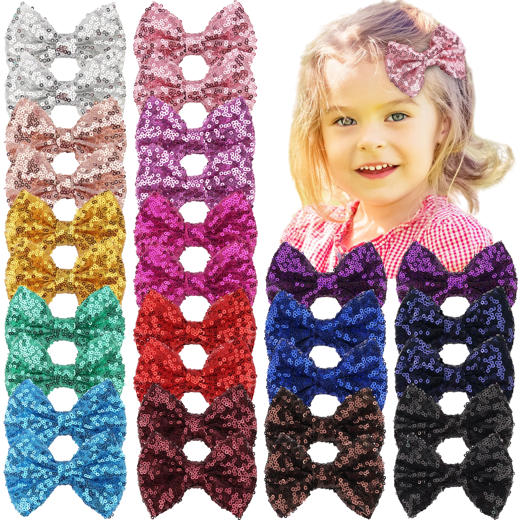 12Pcs Party Festival Girls Sparkling Bows Clips  6 Pairs Glitter Sequins 4