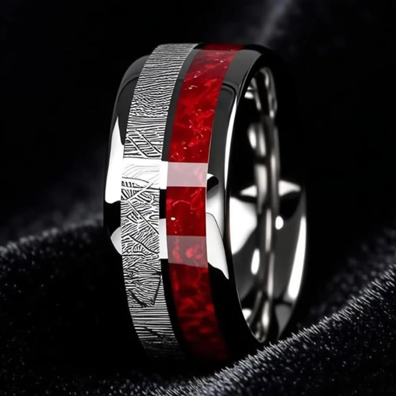 Vintage Double Groove Silvery Red Texture Imitation Meteorite Men Ring Fashion Stainless Steel Rings For Men Jewelry Accessories