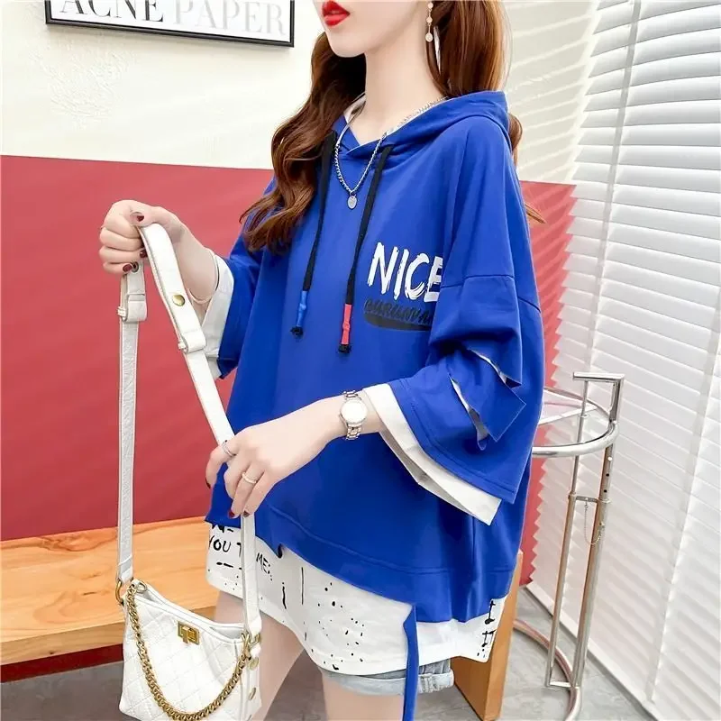 Fake Two-piece Three-quarter Sleeve T Shirt Women Fashion Trend Summer Loose Letter Printing Hole Stitching Hooded T-shirt Tops