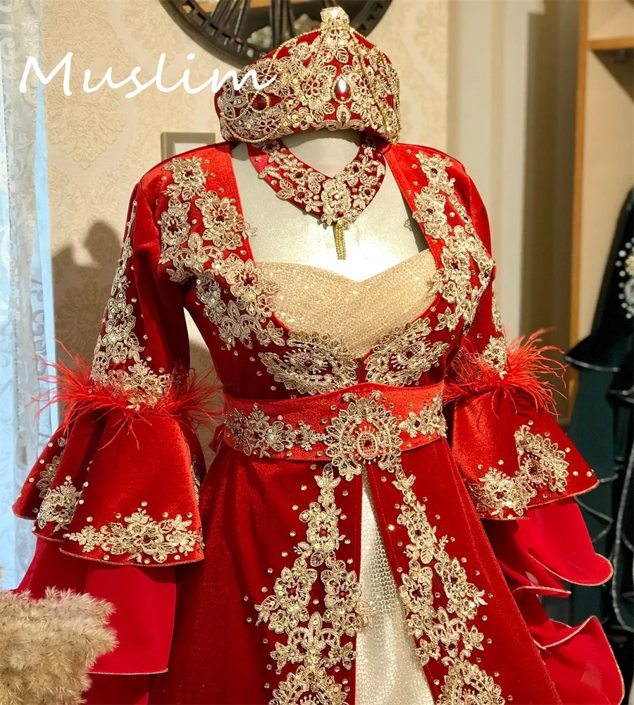 Luxury Turkish Red Kaftan Wedding Dress Flare Sleeve Sparkle Sequin Moroccan Perian Muslim Bride Renaissance Medieval Customized