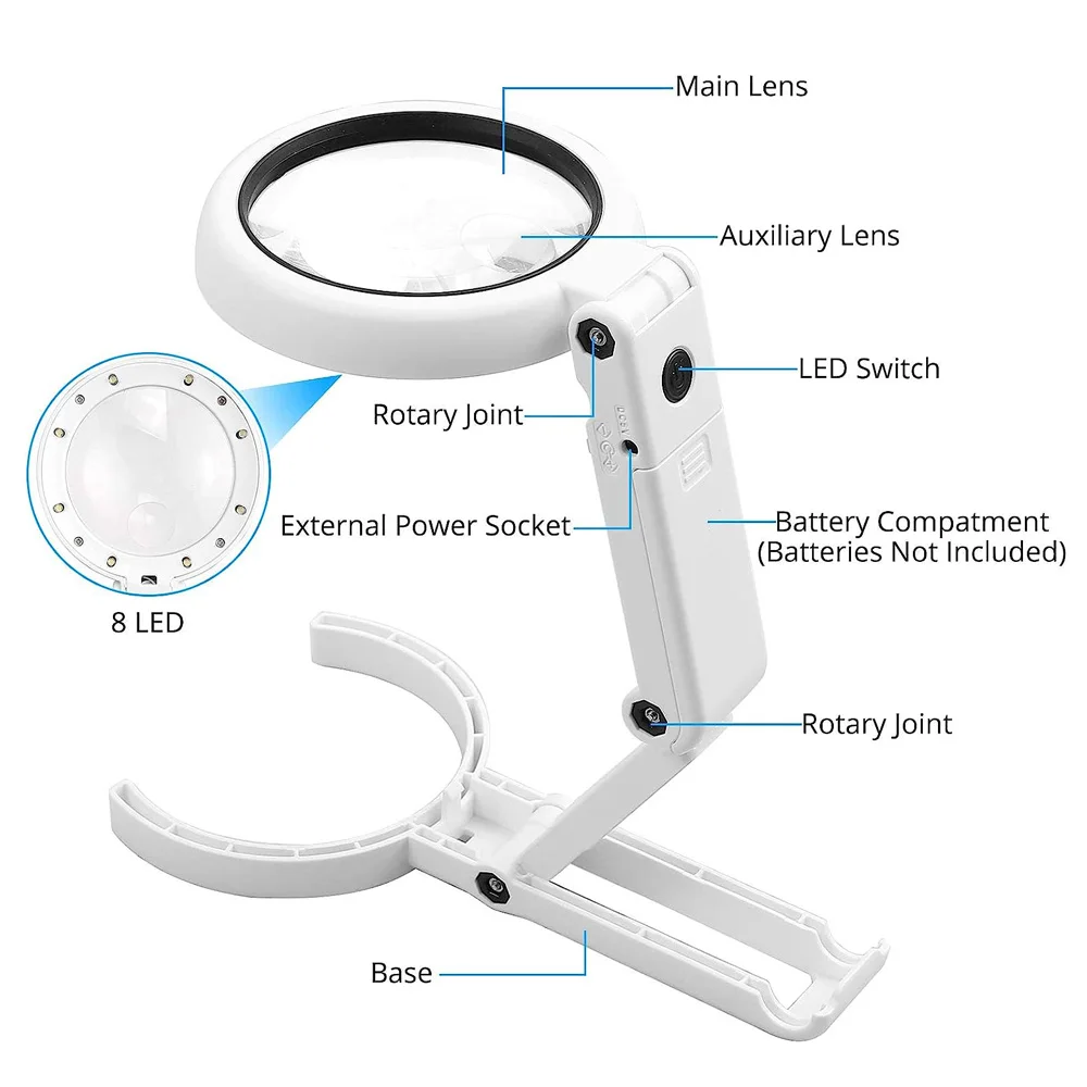 5X 11X Magnifying Glass With Light And Stand 2 Level Dimmable  Foldable Loupe Handheld Magnifying Glass For Seniors Reading