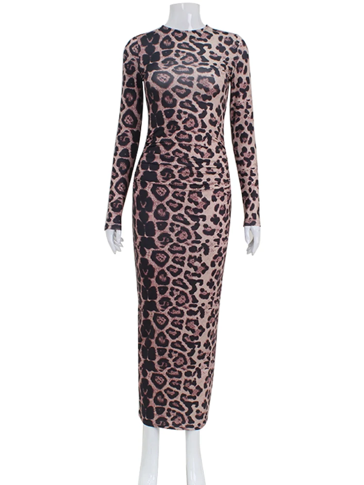 CNYISHE Leopard Bodycon guaina Sexy Club abiti da donna manica lunga O collo abiti moda aderente Slim abiti femminili Robes