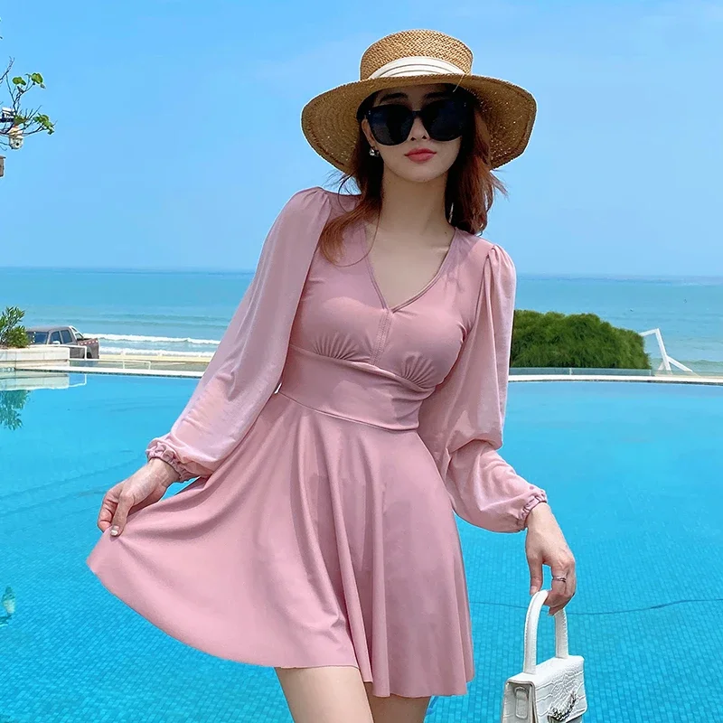 Swimsuits Women Plus Size Swimwear Skirt 2 Piece Japan Pink Solid Bathing Suit Boyshorts Long Sleeve Modest Swimdress 5XL