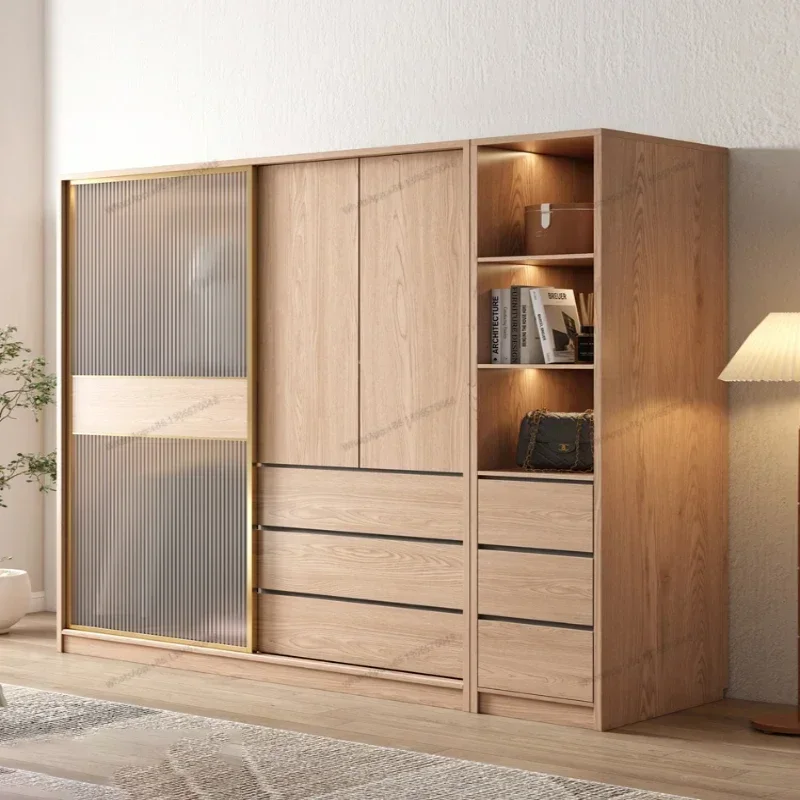 Nordic Sliding Door Wardrobe Cream Style Household Bedroom Small unit Sliding Door Cabinet Large wardrobe