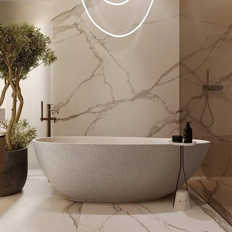 "Japanese Wabi Sabi Cream Egg-shaped Bathtub - Freestanding Designer Stone Tub for Luxury Hotel & Minimalist Villa" - Image 3