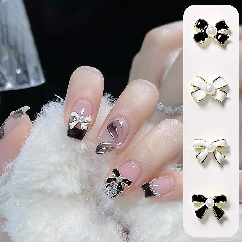 Black/White French Bow Nail Charms DIY Pearl Alloy Nails Jewelry 3D Elegant Bowtie Metal Manicure Decoration