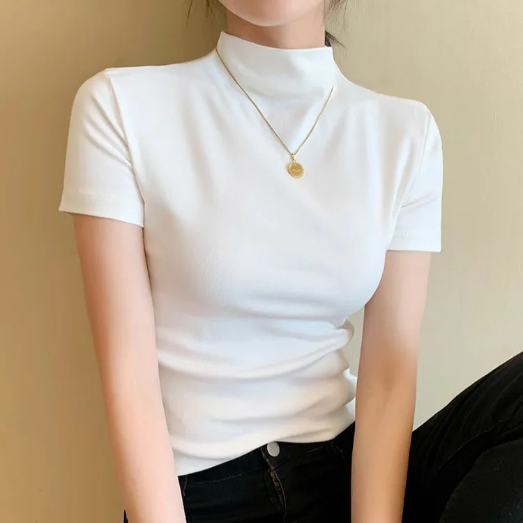 

Half Turtleneck Base Shirt Women, Inner Wear For Spring, Summer, And Autumn, Thin Cotton T-Shirt, Slim Fit, Elegant Short Sleeve