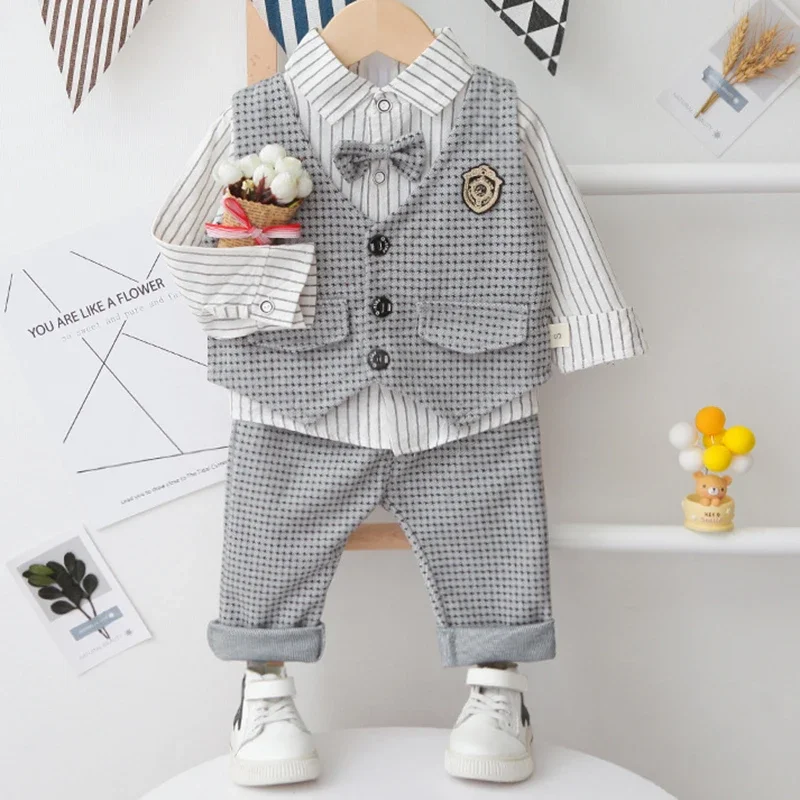 Chemise rayée en coton pour nouveau-né, gentleman, fête de mariage, ensemble de mode pour bébé garçon, gilet et pantalon, 3 pièces, nouveau