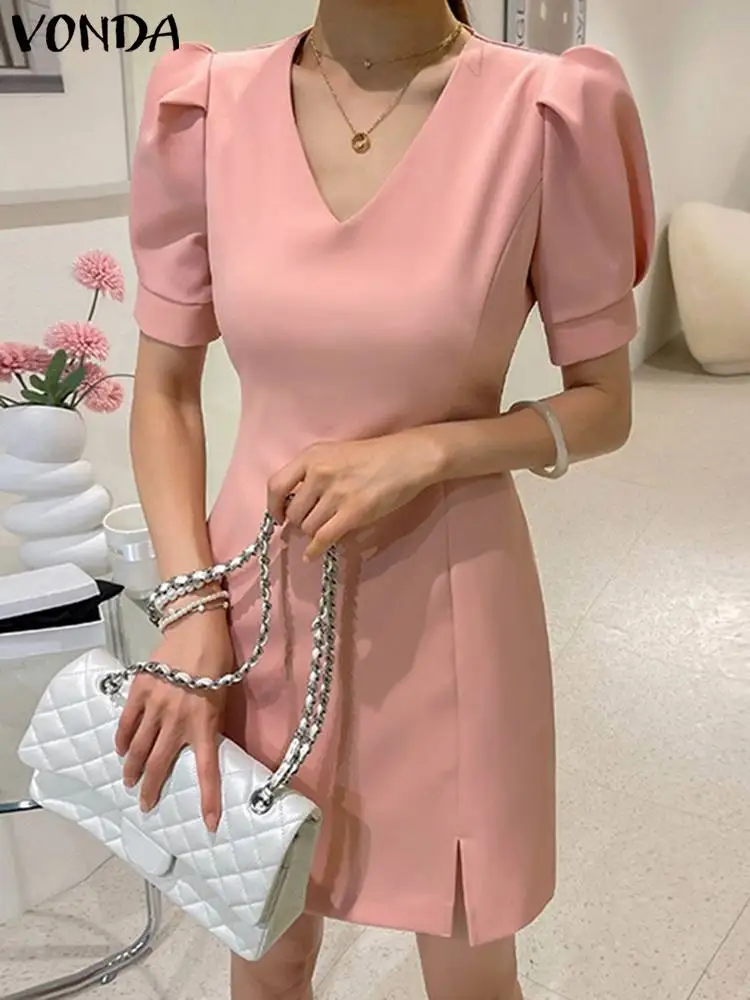 

Elegant Party Sundress VONDA 2024 Summer Fashion Women V-Neck Mini Dress Short Sleeve Zipper Solid Color Casual Short Vestidos