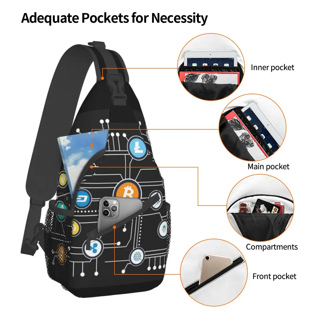 Krypto währung Bitcoin Cross body Schulter taschen Mode Brusttasche Hodl Dogecoin Schulter rucksack Daypack Reise Wandern Fahrrad tasche