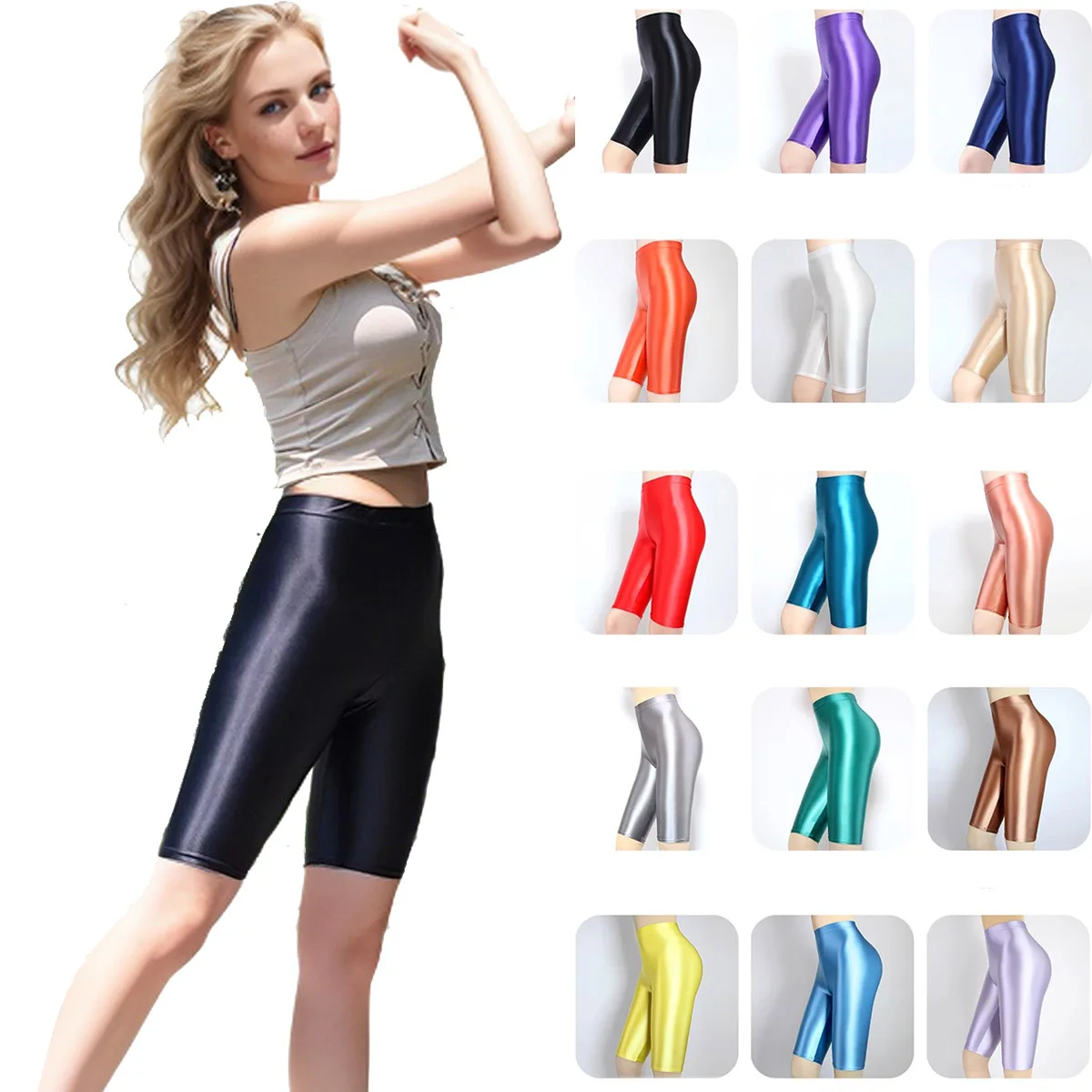 MJINM オイル光沢サテンのような滑らかで伸縮性があり通気性のあるハイウエストスリムフィットボディビルディングスポーツヨガレギンスカジュアル膝丈パンツ