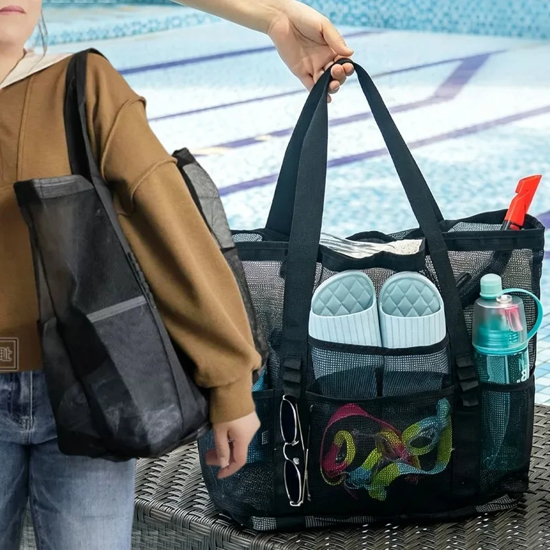Summer Beach Bag for Children's Storage Swimming Seaside Shoulder Bag with Mesh Simple Large Capicity Multiple Pocket Tote Bag