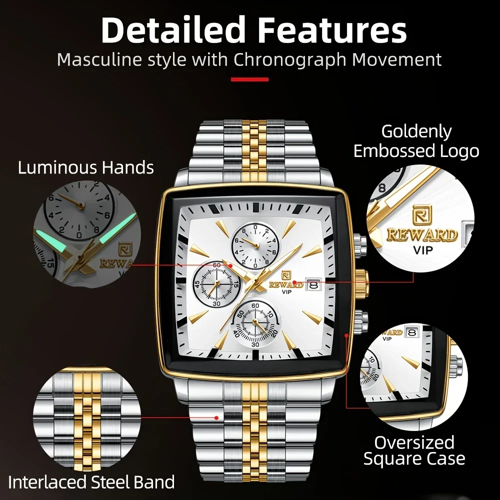 REWARD 81100M Luxury Steel Strip Quartz Men's Watch Square Waterproof Calendar Chronograph Luminous Watches for Men Reloj Hombre