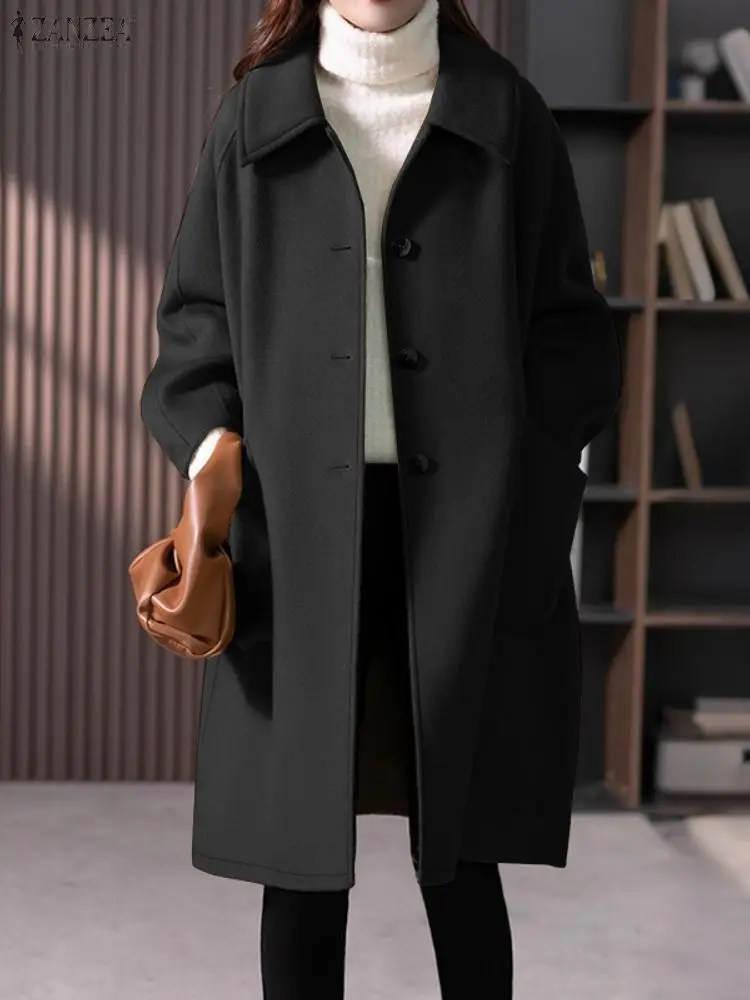 ZANZEA 冬用無地ロングアウター レディース 秋用トレンチコート スタイリッシュなウール生地トレンチ 長袖ボタンダウンジャケット 2025