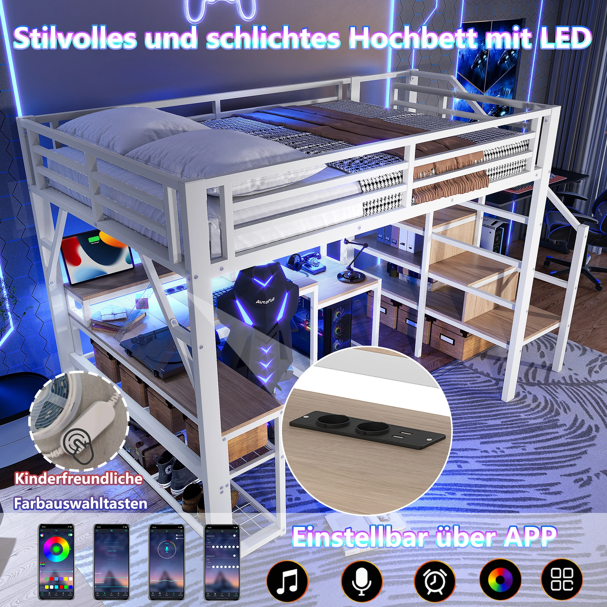 Picture 5: MODFU High Bed 140x200 Gaming bed with desk USB and LED White