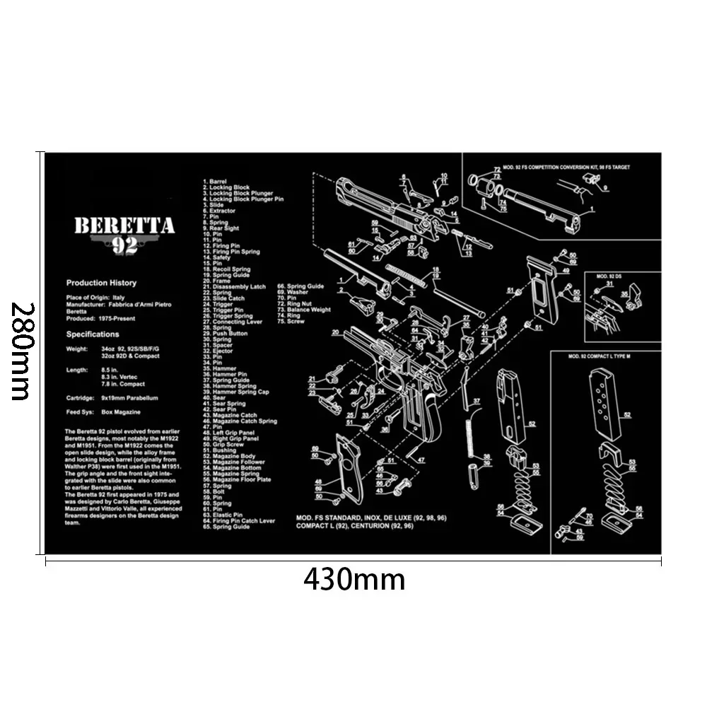 AR15 AK47 Glock Gun Cleaning Rubber Mat With Parts Diagram Instructions Mouse Pad for Smith Colt 1911 Beretta 92 Sig Sauer P320