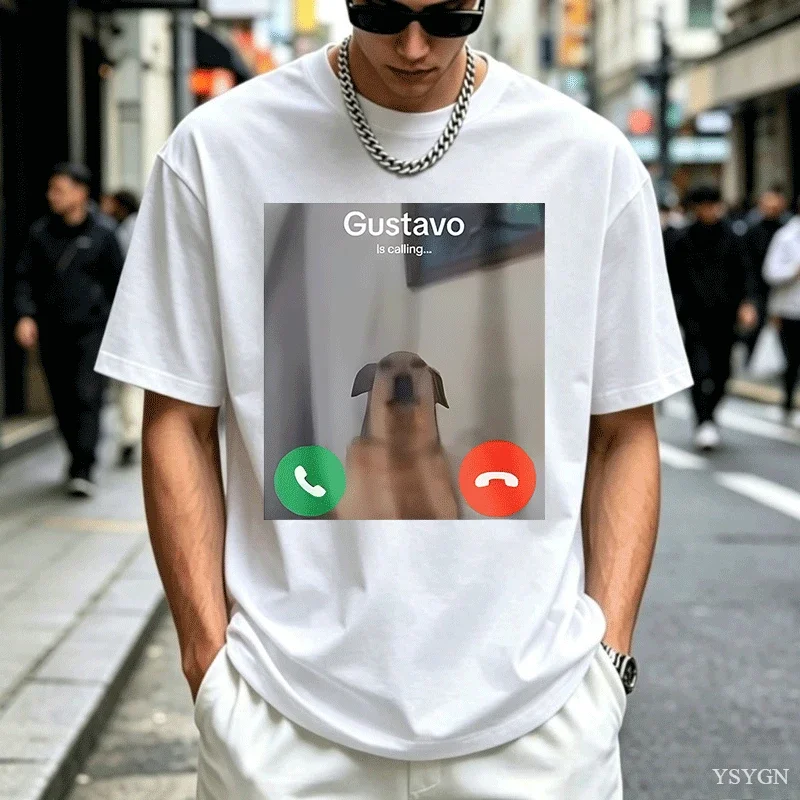 Gustavo The Dog'S Funny Phone Call Graphic T-Shirt Men's Black Casual Short Sleeve Round Neck Tee with 