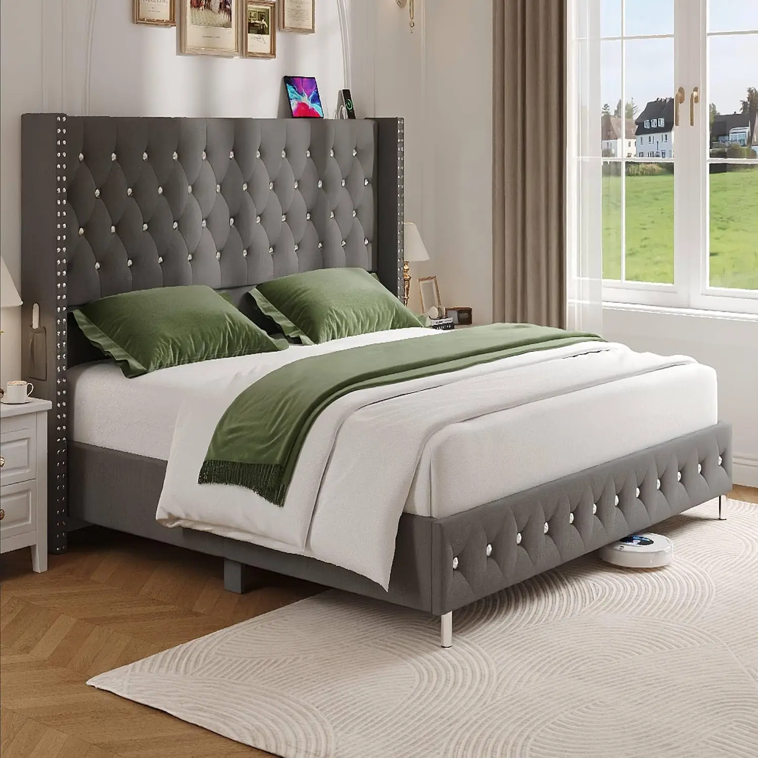 Queen LED Upholstered Bed Frame with Wingback Headboard, Velvet Diamond Button Tufted Bed Frame w/USB&Type-C Ports,, Customized
