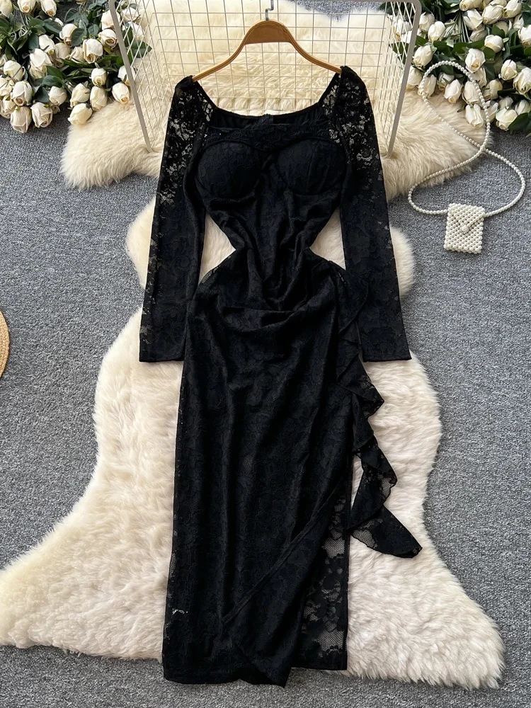 Ele Lace Long Sve Wrap Bodycon Dr. Kleid mit quadratischem Kragen für Damen, Herbst-Design, geteilter A-Linien-Rock mit hoher Taille Dr