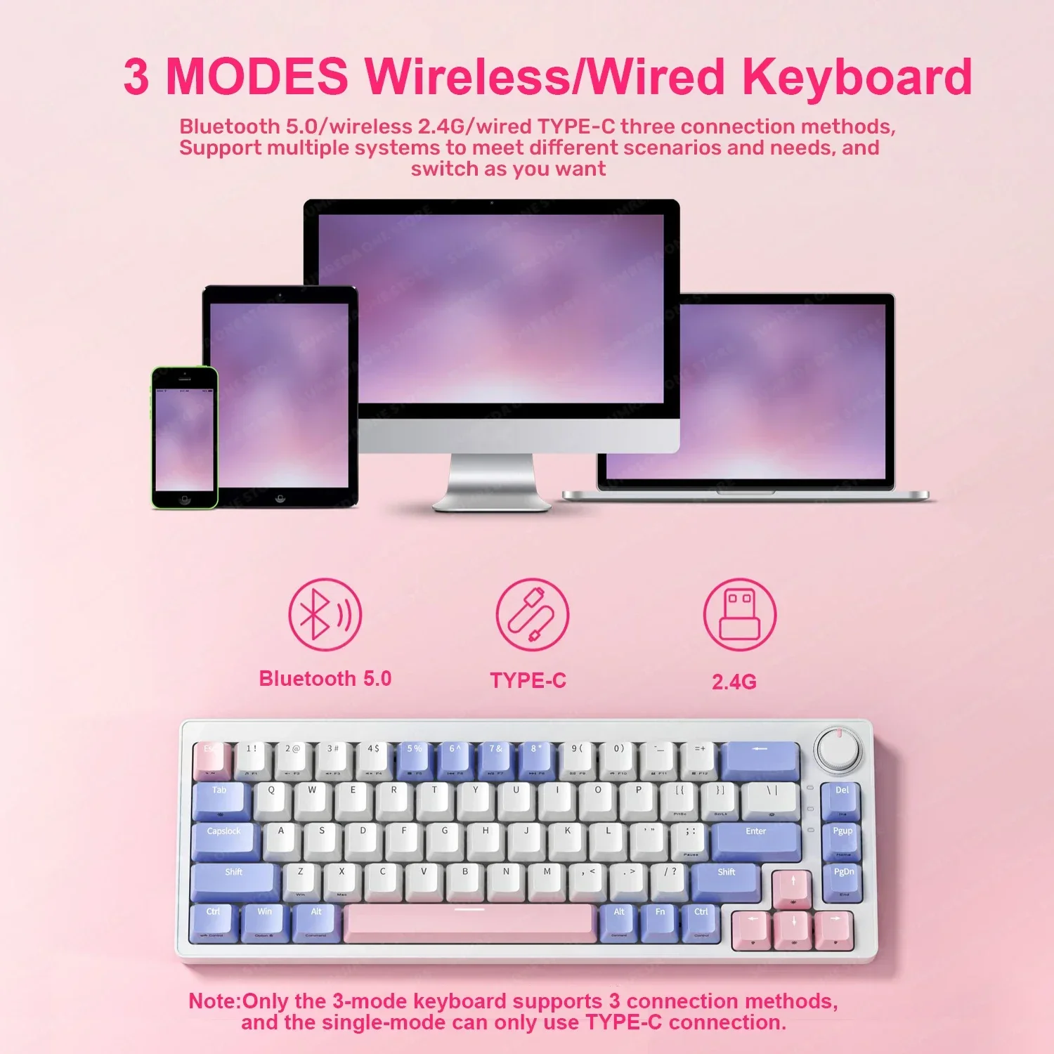 SUMREDA ZA68 Wireless Gamers Mechanical Keyboard 2.4G Bluetooth TYPE-C Wired 3-Mode Gaming Keyboard Hotswap RGB Backlit 68 Keys