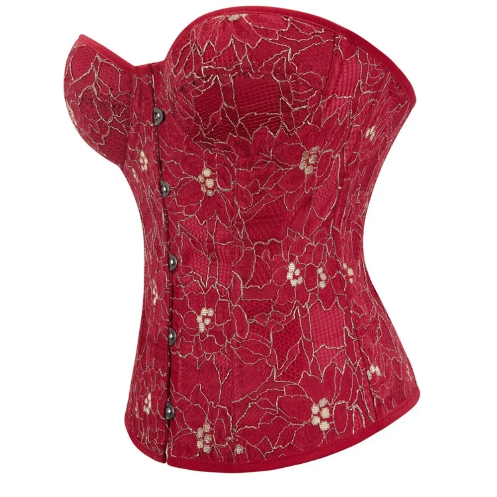 

Women Corsets Bustiers With Cup Sexy Deep Red Lace Flower Overbust Corset Top Vintage Victorian Body Shaper Lingerie